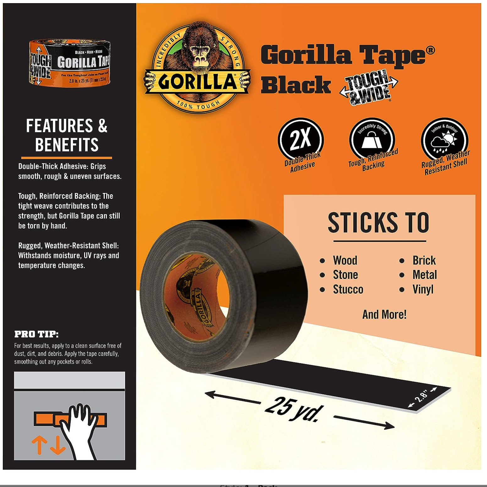 Gorilla Black Duct Tape, 2.88"x25yd